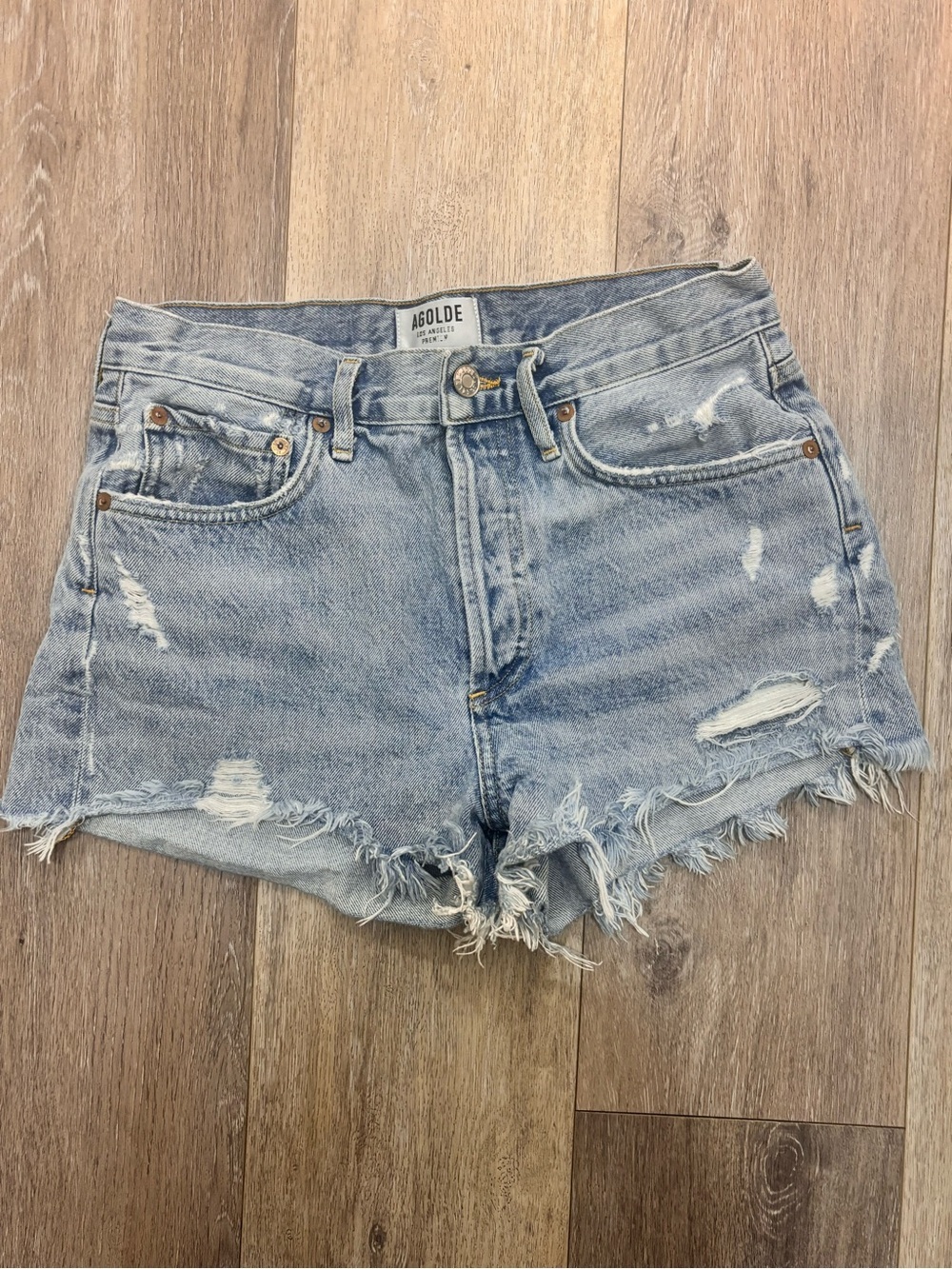 Agolde Light Wash Distressed Denim Shorts